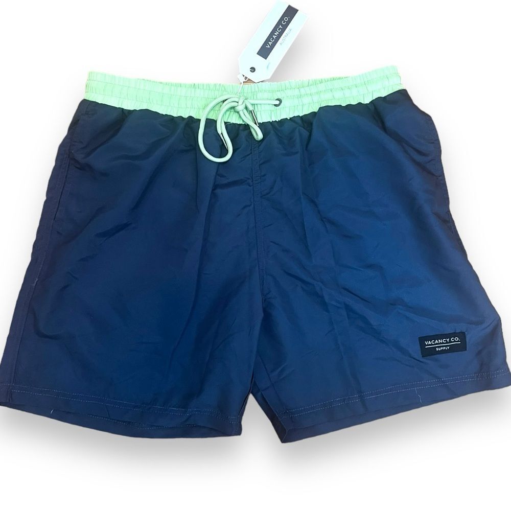 Vacancy Co. Mens Contrast Band Swim Shorts Drawstring Quick Dry Blue Green XL